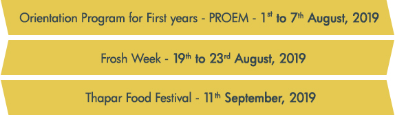 Orientation Program for First years-PROEM - 1st to 7th August, 2019 | Frosh Week - 19th to 23rd August, 2019 | Thapar Food Festival - 11th September, 2019